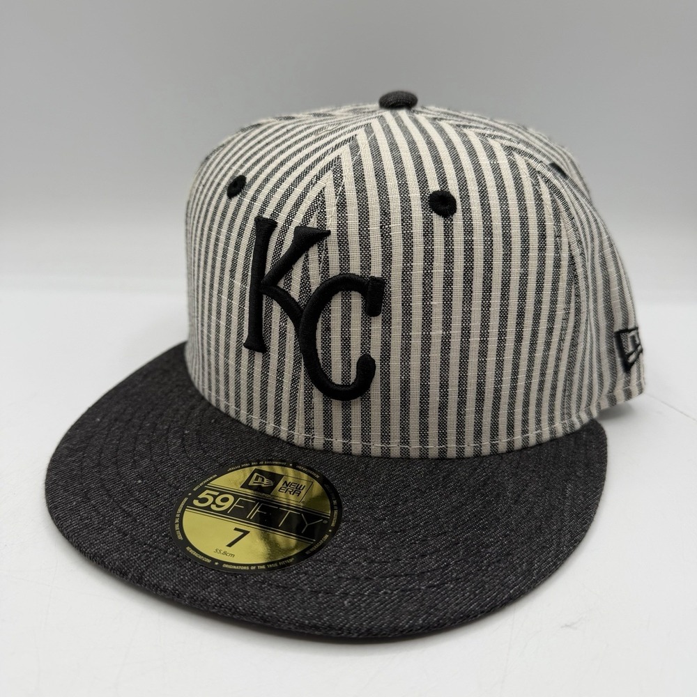 New Era 59Fifty Kansas City Royals Hat Cap Sz 7 Grey Fitted Striped Seersucker
